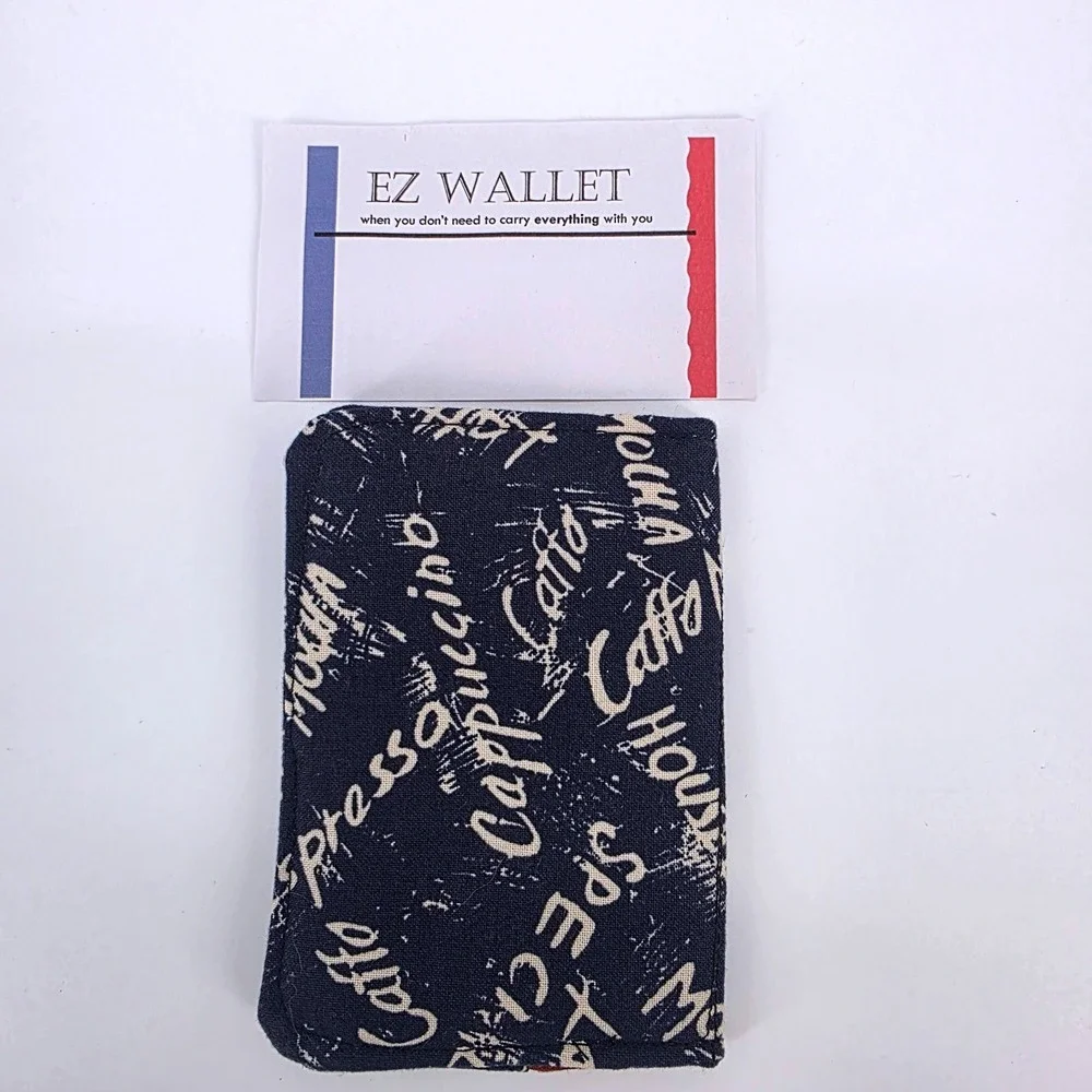 EZ Wallet Coffee Print Fabric Slim Bifold Card Holder Navy Brown Barista Style - Picture 2 of 5